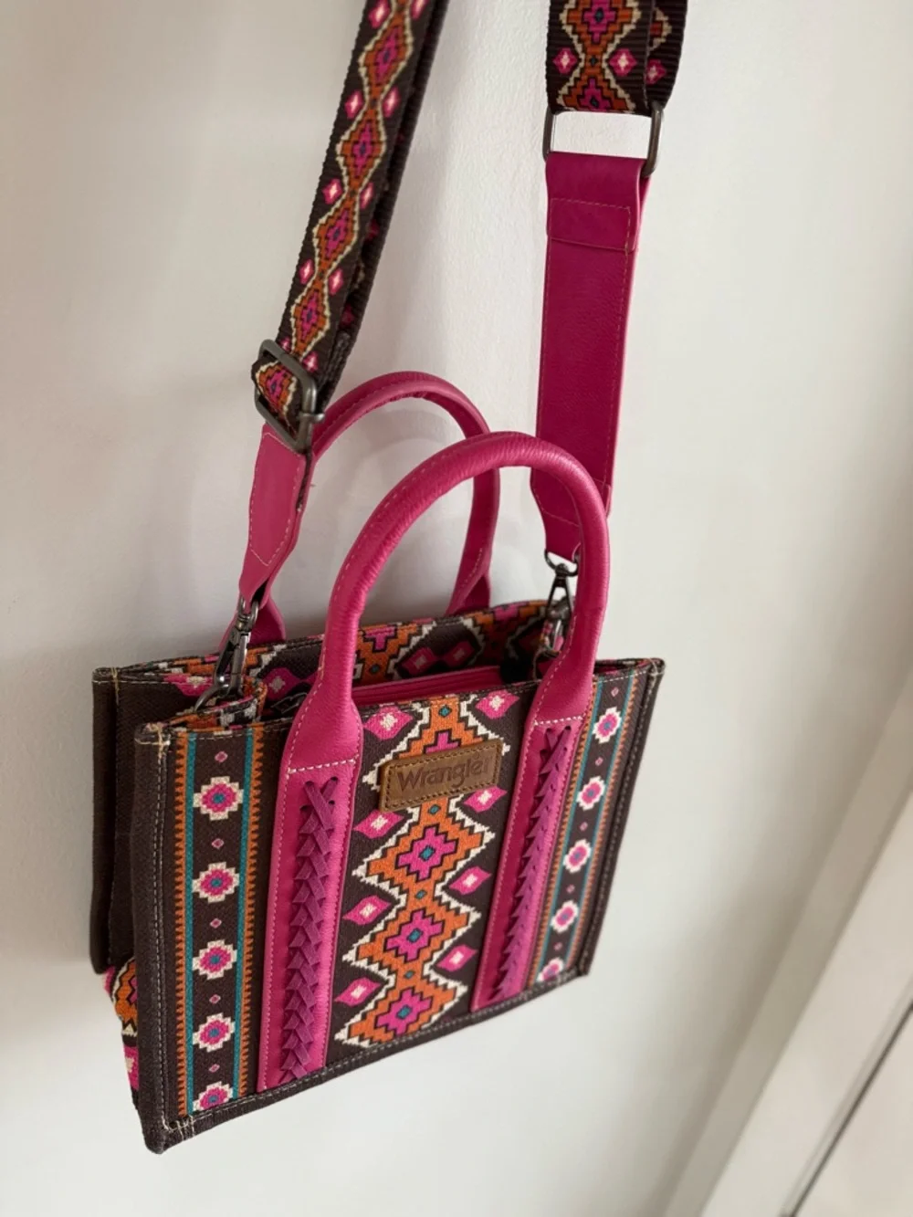 Wrangler Women's Southwestern Print Canvas Crossbody Tote Bag - Hot Pink/Brown - Picture 7 of 12
